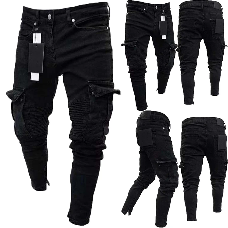 New Fashion Men Skinny Cargo Jeans Long Pant Denim Combat Biker Pocket ...