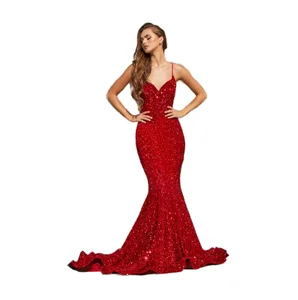 2026 Spring Women New Dress Empire Waist Spaghetti Strap Vintage Floor-Length Sequins Beauty Performance Banquet Evening Dress