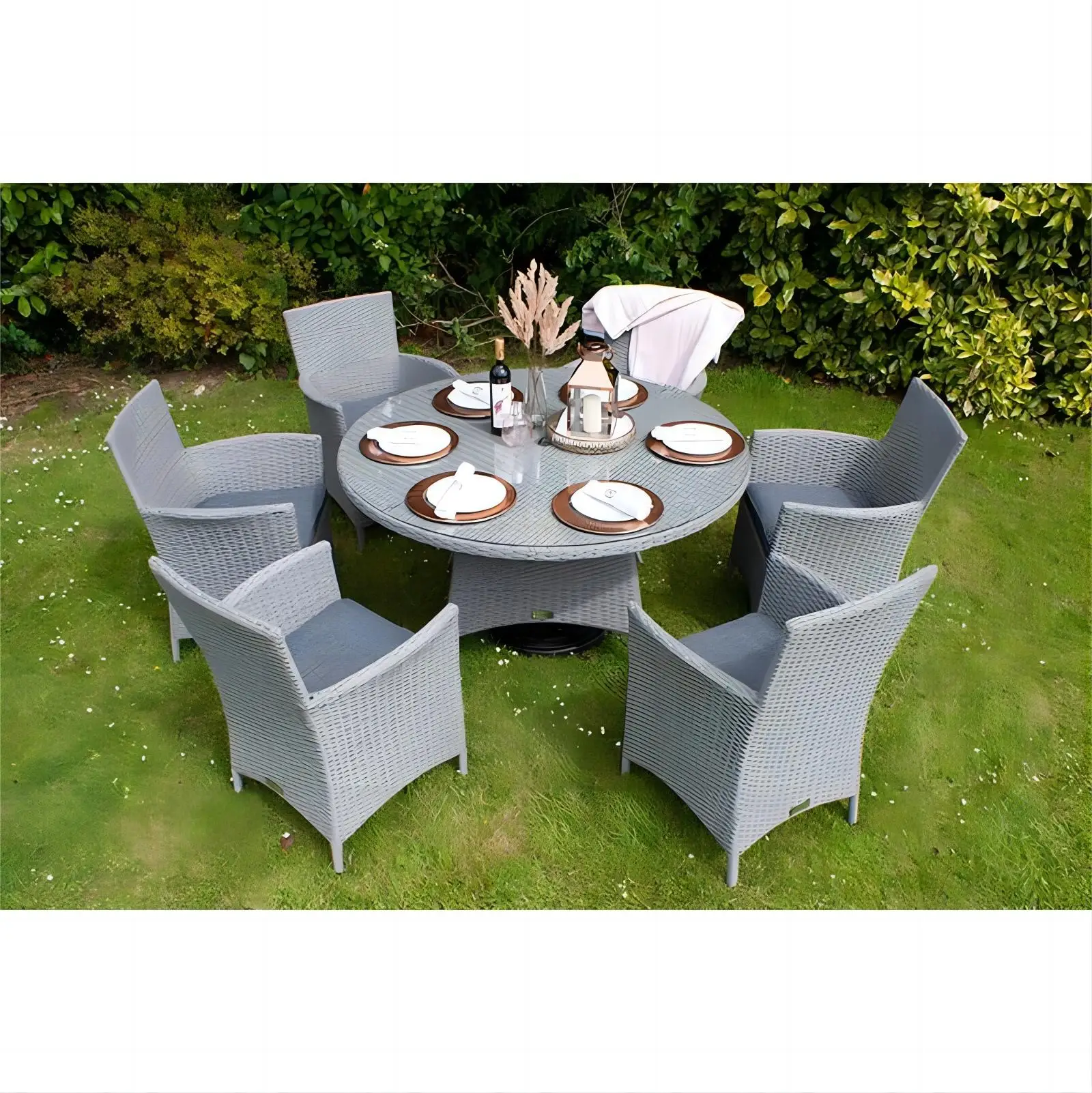 6 Seater Garden Dinning Set 7 Piece Deluxe Rattan Comfort Dining Set 135cm Round Table 6 Chairs