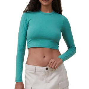 Custom Logo Long Sleeve t Shirt Pure Cotton Crew Neck Crop Tops for Women