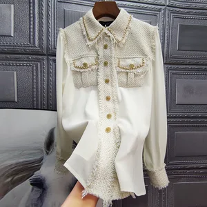 Wholesale 2026 Spring New Fashion Simple Coat Chain Gold Wire Woven Tweed Coat Splicing Temperament Women Coat