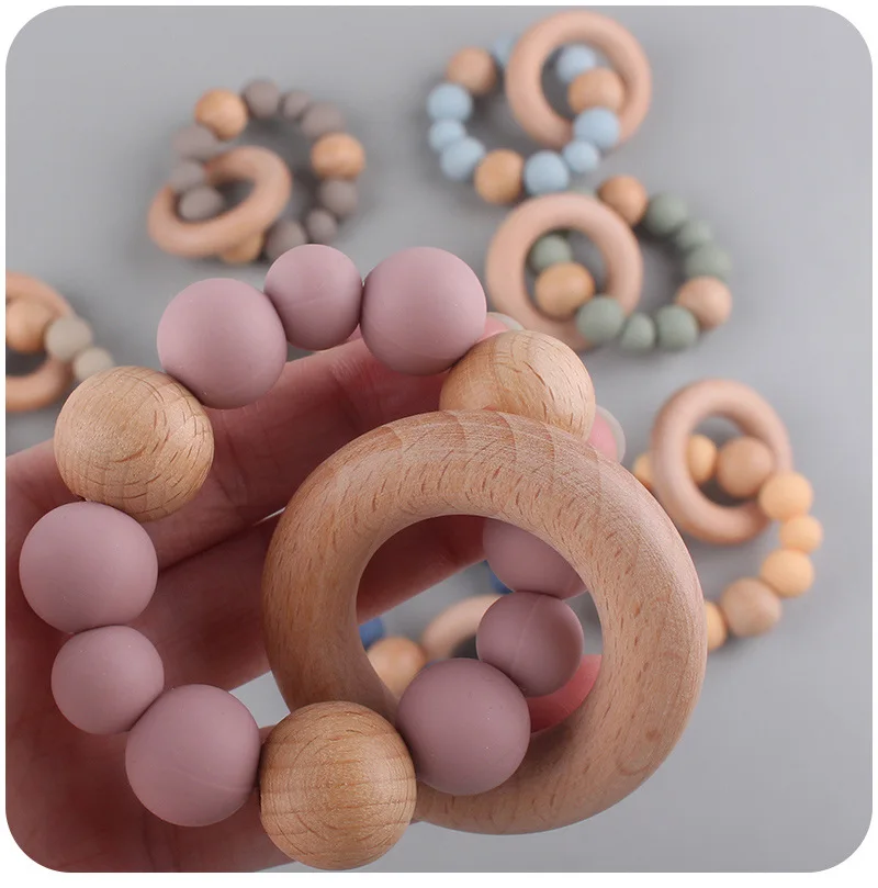 Baby Health Nursing Bracelets Teether Toys Silicone Beads Beech Wooden