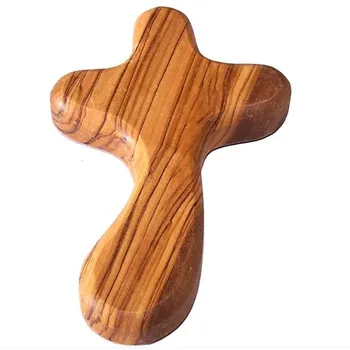Perfect Carved Round and with Hand Shape Hand Fit Olive Wood Handmade DIY Crafts Wood Holding Cross Natural Wood Color USA YJ001