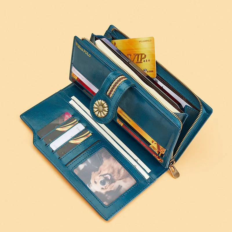 Hot Sale Custom Logo Tri-fold Leather Ladies Wallet Large Capacity Retro Mobile Phone Card Bag Long Length Gift