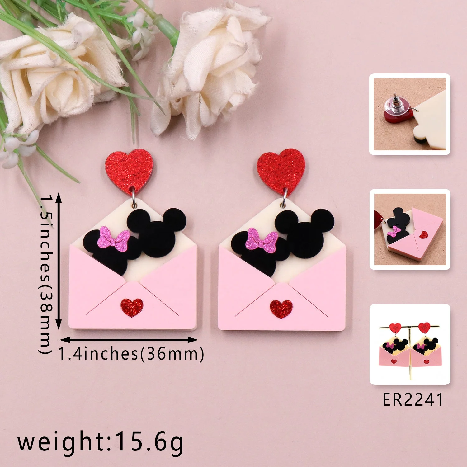 Customized CN Top Fashion MD147ER2241 Acrylic Earrings Valentine's Day Mouse Head Heart Drop Envelope Diamond High Parties manufacture