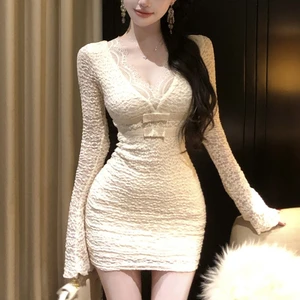 Women's Modern Simple Joker Casual Dress with Long Sleeve and Apricot  Lace Mini Skirt & Horn Cuff-Fashionable Mini Dress