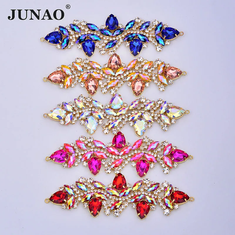 50*115mm Sewing Blue AB Strass Flower Applique Crystal Buckle Bikini Connector Glass Rhinestone Chain for Bra Dress Decoration