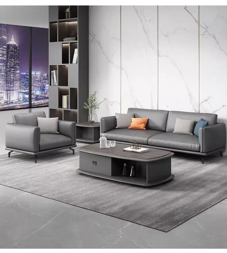 Modern Solid Wood Office Sofa and Coffee Table Combination for Commercial Use in Villa and Business Reception Rooms