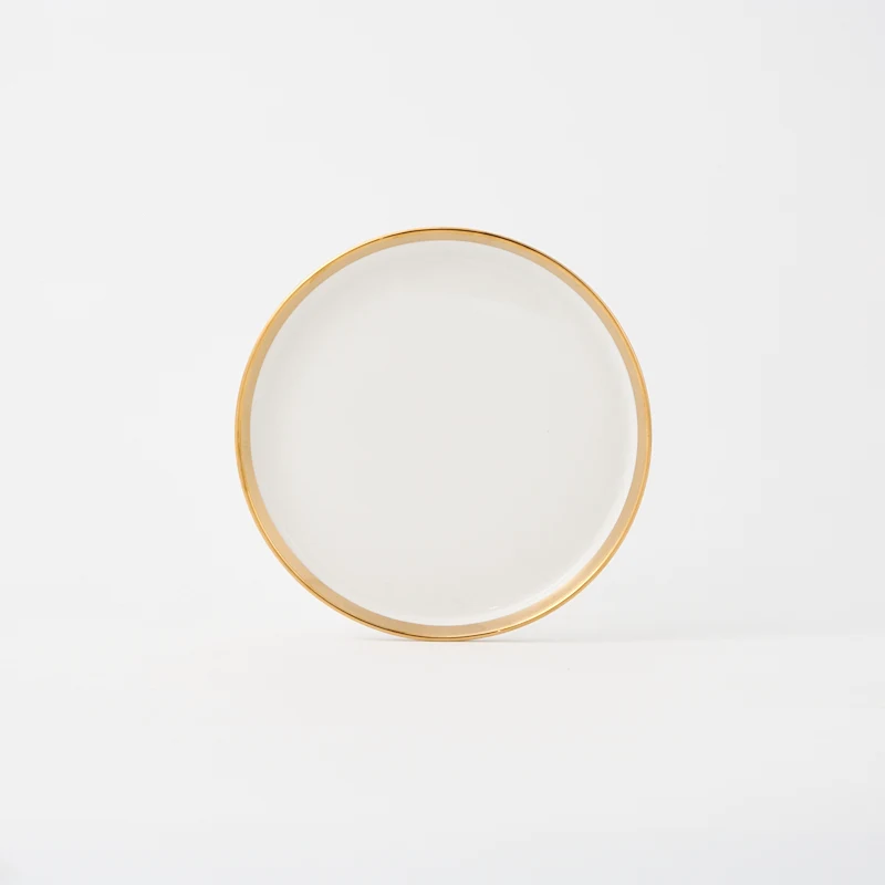 White Porcelain Dinner Plates with Gold-Plated Upright Edges Dishwasher Safe Ceramic Tableware for Home Dining and Picnics