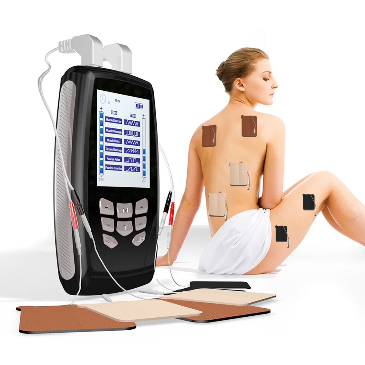 DOMAS Unidad TENS Estimulador muscular, estimulador muscular EMS, pantalla  táctil, 24 modos de doble canal recargable TENS EMS dispositivo, masajeador