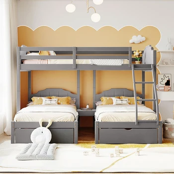 Factory New Modern King-Size Bunk Bed Collapsible Ladder Extra Space Children's Wood Frame with Removable Platform