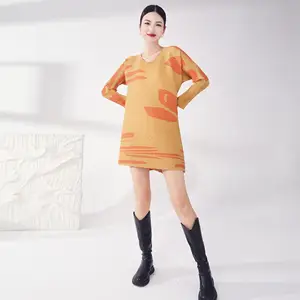 Women's Miyake Pleated Top Long Sleeve Casual Loose Fit Pleated  Summer Fashion Dresses Woven Fabric Print Style Dresses