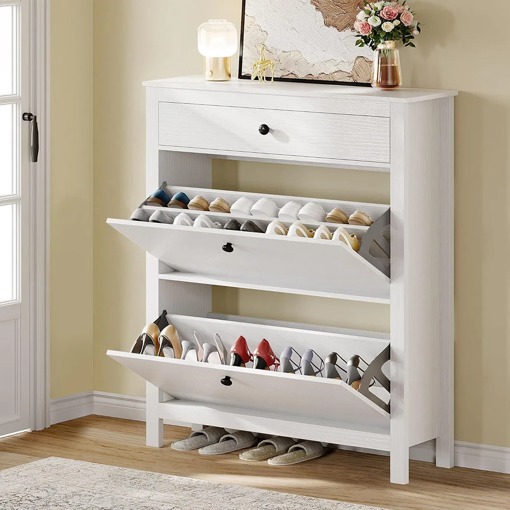 White Shoe Cabinet with 2 Flip Drawer,slim Shoe Storage Cabinet With Metal Flip Frame - Adjustable or Removable Hidden Shoe Rack details
