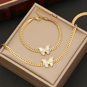 18K Gold Plated Stainless Steel Adjustable Snake Chain Butterfly Pendant Necklace Earrings Set Shell Zircon Trendy Women's