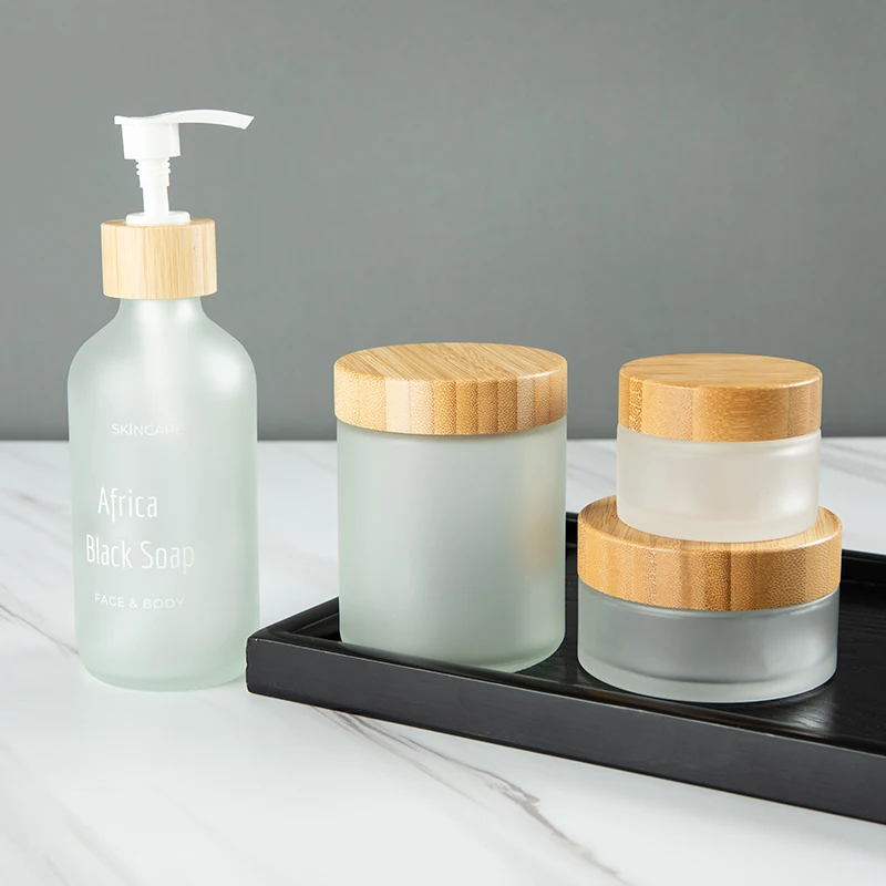 Frost Customized Logo Printed 250ml Boston Round Shampoo Dispenser Bath Salt Container Skincare Cream Glass Jar with Bamboo Lid
