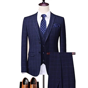 Men's Breathable 3-Piece Business Formal Set Flat Lapel Working Suits with Checkered Pattern Fabric