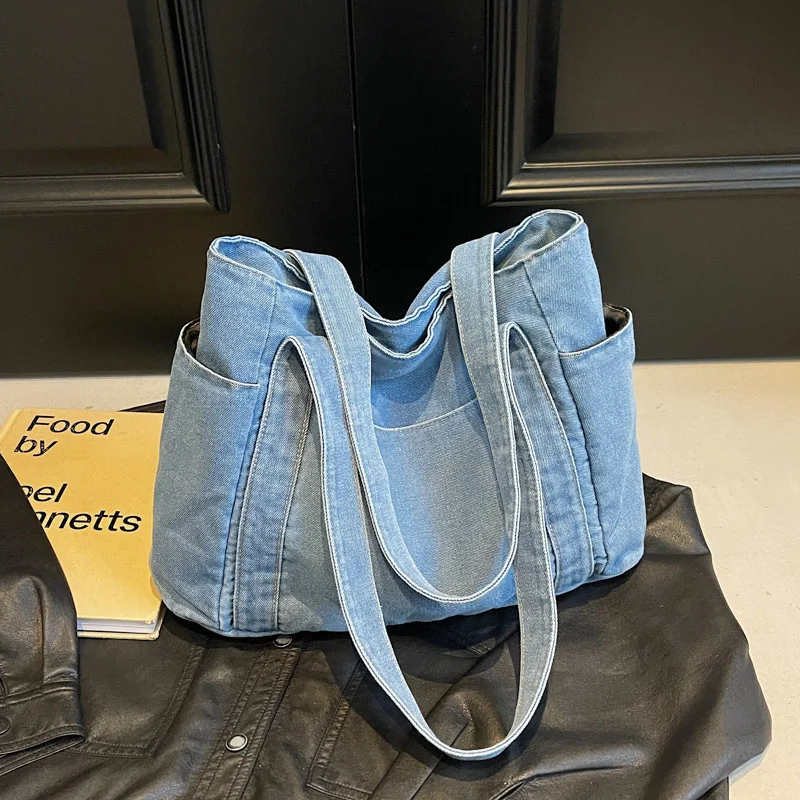 Simple Denim Handbag with Side Pockets Large Capacity Single