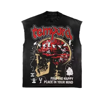 Custom Acid Washed Boxy Fit Sleeveless Tshirts Vintage DTG Printed Men's Tank Tops Screen Print Rhinestones Streetwear for Men