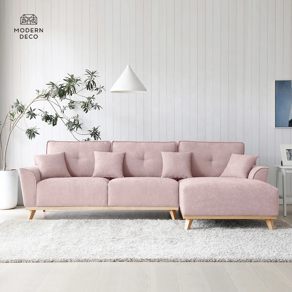 Ghế Sofa Giường Có Thể Chuyển Đổi Hướng Tay Phải Kèm Ghế Cuối Bên Trái Lưng Ghế Được Ghép Khía Hình Chữ L Bộ Sofa Vải Màu Hồng