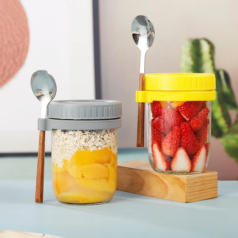 4 Pack Glass Overnight Oats Containers With Lids And Spoon 16 Oz Mason ...