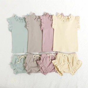 Custom Logo Organic Cotton Clothes Newborn Infant Boys Girls  Blank Top Shorts Pointelle Smocked Baby Two Pieces Set