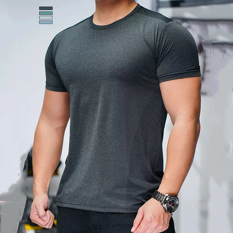 Summer Running Gym Men Nylon Spandex Shirt  Tees Elastic Fit Sports Basketball Training Fitness Quick Dry Ice Silk T Shirts