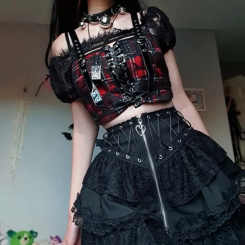 00s lace skirt y2k punk ゴスロリ Yabi Preppy punk Y2K virtual spell studded lace hem tiered