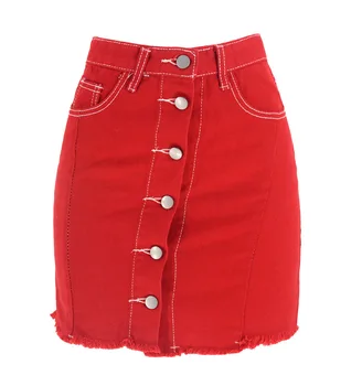 wholesale customized denim skirt metal button high waist hot fashion summer red girl's denim skirt