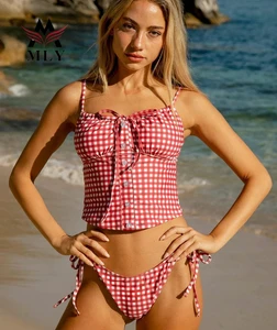 Customized Gingham Tie Side Thong Swimwear Sets Two Piece Bathing Suits for Women Designer Sexy Swimsuit with Button