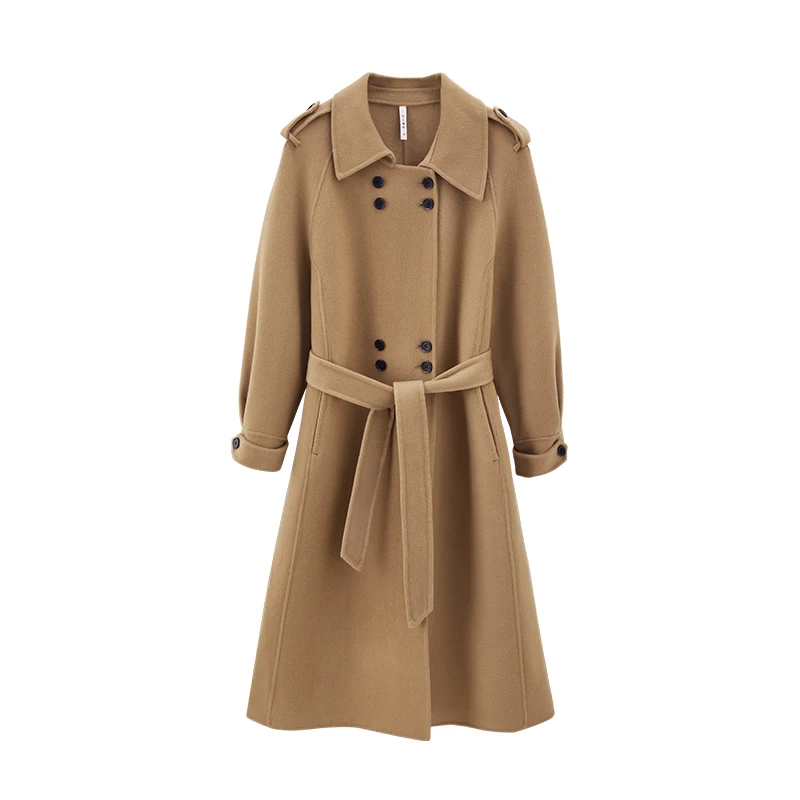 Lady Long Double Faced Solid Woolen Overcoat Belt Winter Double Breasted Cashmere Wool Trench Coat for Women