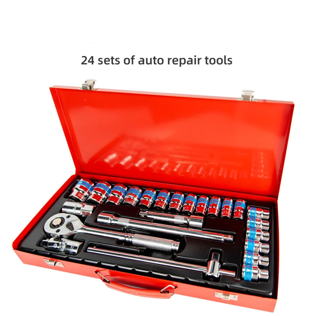 24pcs Hand Tool 1/2 Socket Wrench Set Black Treatment Speeder Handle