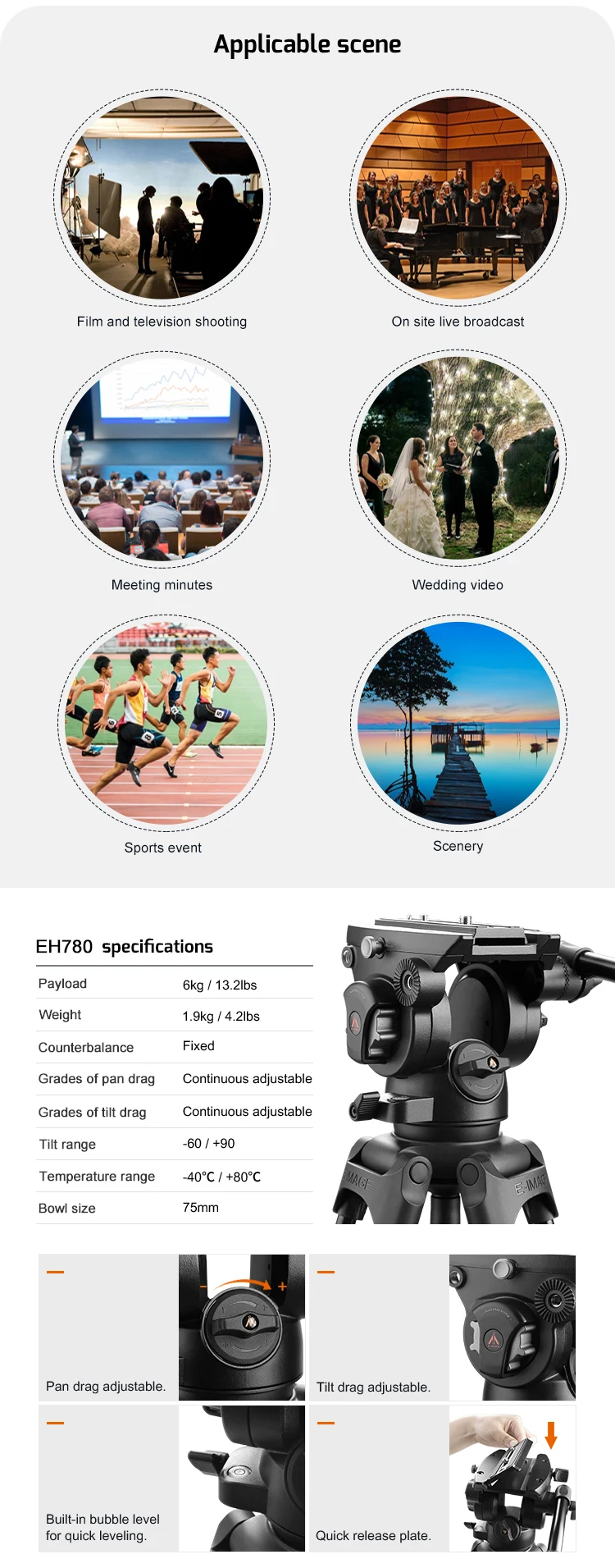 .E-IMAGE EK780 EK780 PLUS Tripod Aluminum Alloy Professional 75MM 100MM Ball Bow