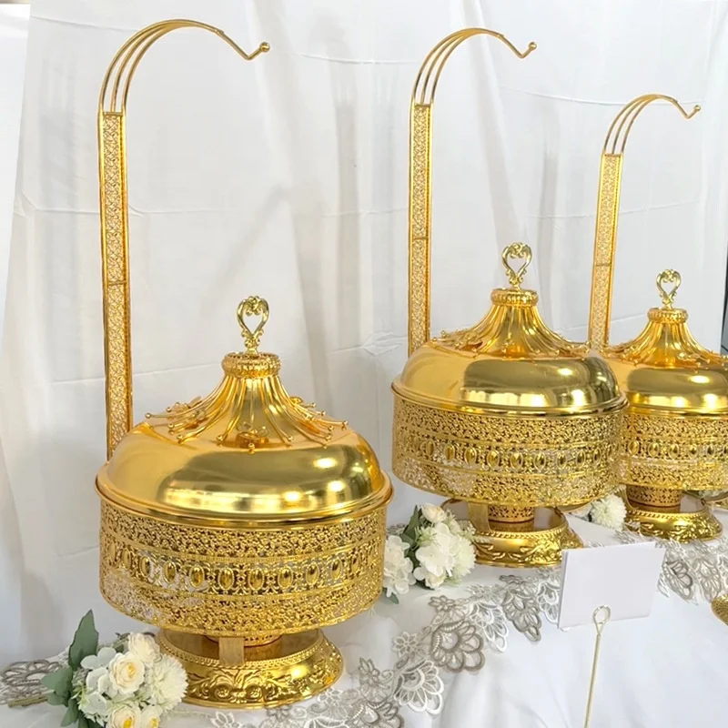 Large Capacity 8L Stainless Steel Gold Chafing Dish with Hanger Lid New Hot Pot for Buffet Parties Weddings Metal Fuel Heating