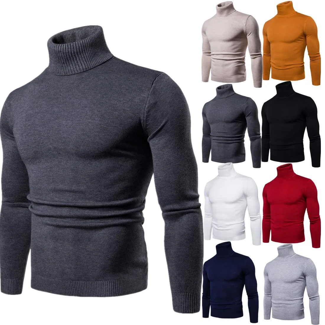 New Spring Autumn Men Fashion Knit Choker High Collar Long Sleeve Solid Color Slim Casual Tops Blouse Knitwear Sweater