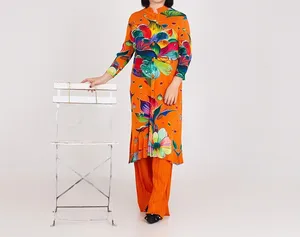 2025 New Large-size Women's Two-piece Set with Retro Printed Flowers Blouse Design Manufacturer's Wholesale Miyake Pleated Set