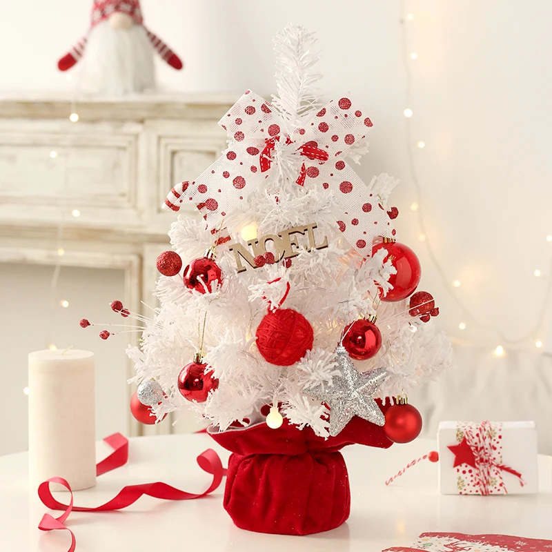 Table Christmas Decorations Small Mini Christmas Tree with White Hanging Ornaments and Led Light Christmas Decoration Supplies