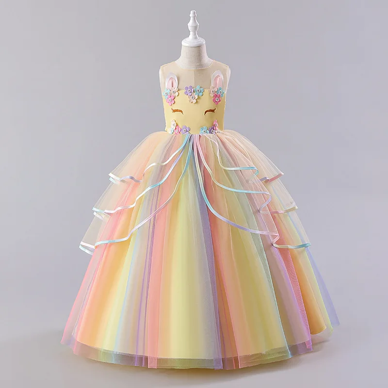 Kids Unicorn Girl dresses Flower Appliques Princess Dresses Children Wedding Birthday Party Costume Evening Formal Gown 4