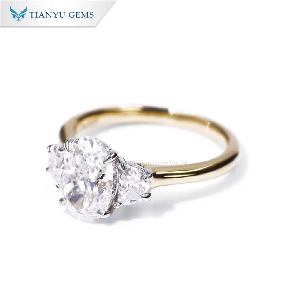 Tianyu Gems Oval Lab Diamond Yellow Gold Material Three Stone Wedding Ring for Women