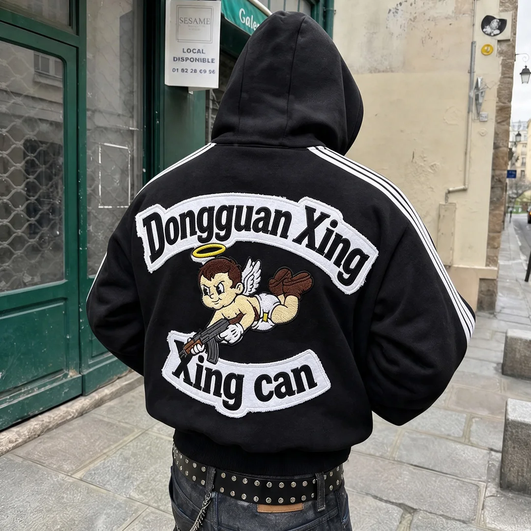 Kapturka z zamkiem i trzema paskami, z niestandardową aplikacją w kształcie anioła i patchworkowym wzorem, streetwearowa kurtka z kapturem i zamkiem, producent odzieży OEM