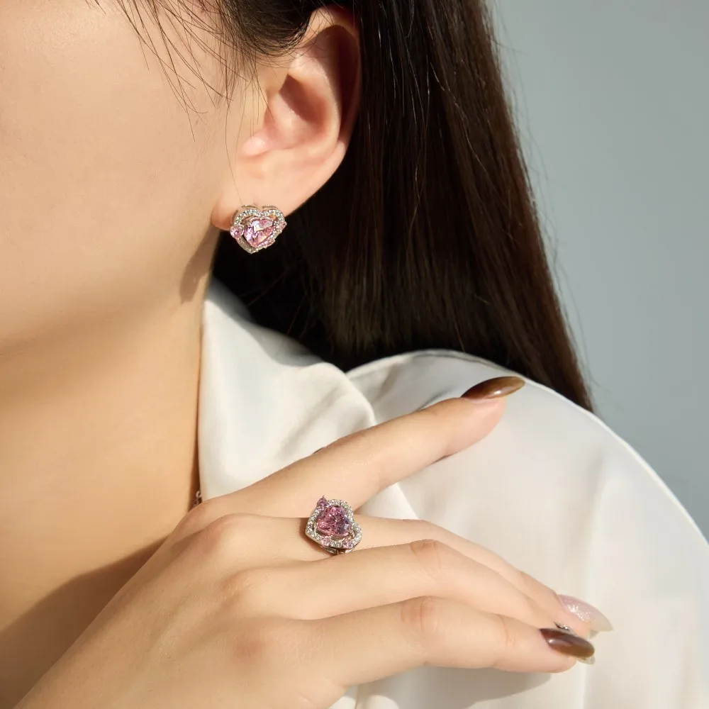 KAKODIY Shiny 925 Sterling Silver Birthstone Stud Earrings Women Heart Monolithic Pink 5A Cubic Zirconia Stud Earrings Fine Gift detail 1