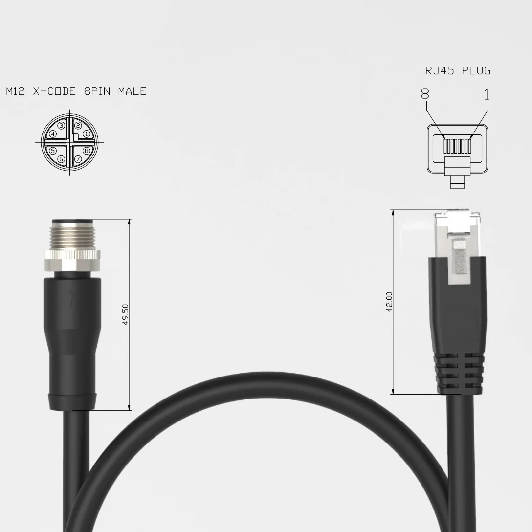M12 Connector 8 Pin X Code To Rj45 Cat6 Gige Cable Industrial