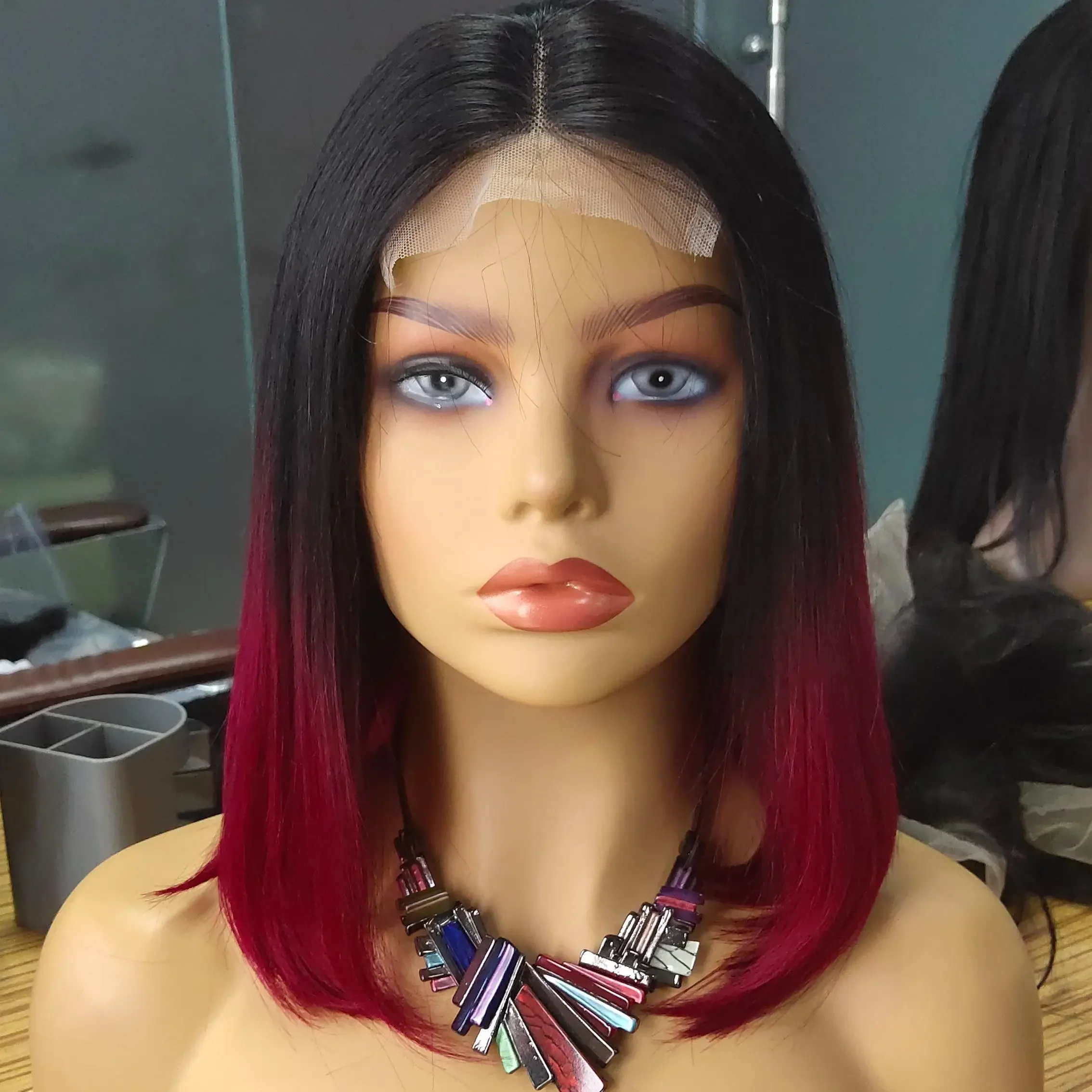 Blaues Ombré Bob Echthaarperücke Mit Lace Closure Für Damen_voghion.com