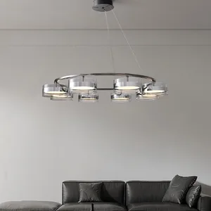 JACKSUN Minimalist Adjustable Height Hanging LED Chandelier for Living Room Bedroom Restaurant Bar Black Metal Glass