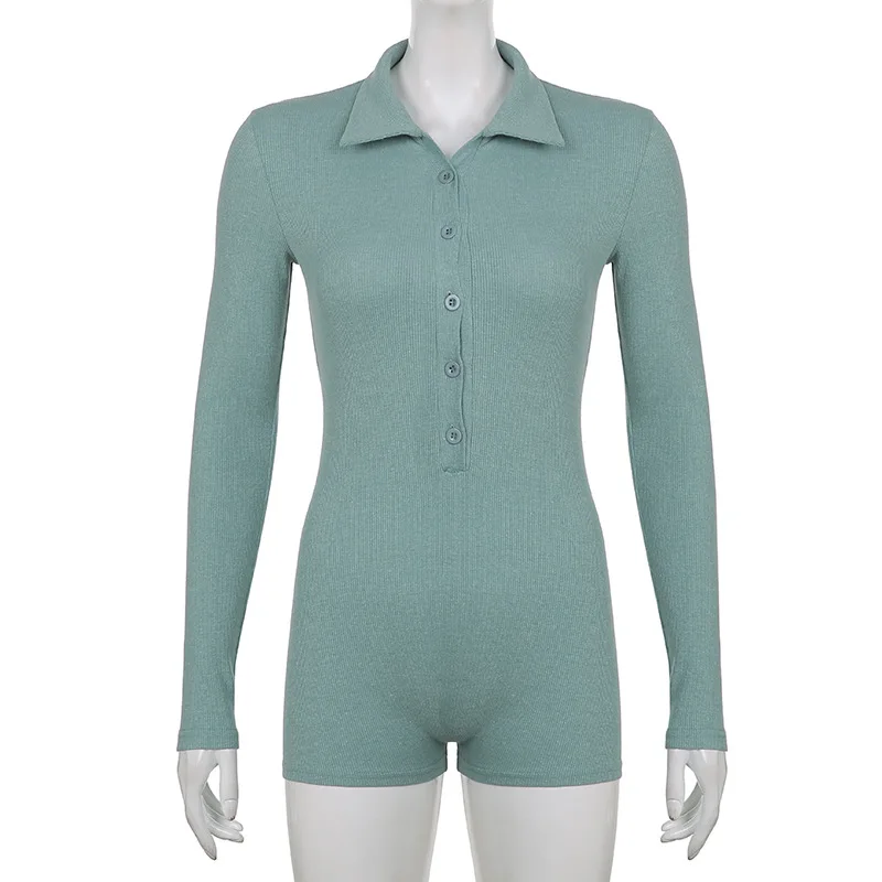 2022 New Arrivals Solid Thread Tight Playsuits Polo Collar Bodysuits