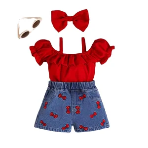 2026 Summer Toddler Baby Clothing Red Ruffle Off Shoulder Shirts Bowknot Embroidery Denim Shorts Headband 3Pcs Girl Clothes Sets