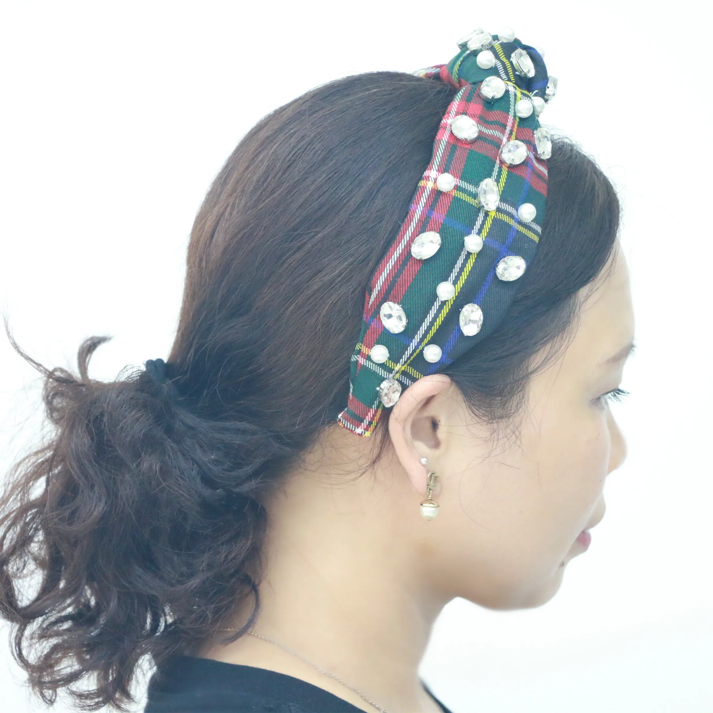 Fall Designer England Plaid Fabric Pearl Crystal Top Knottted Headband