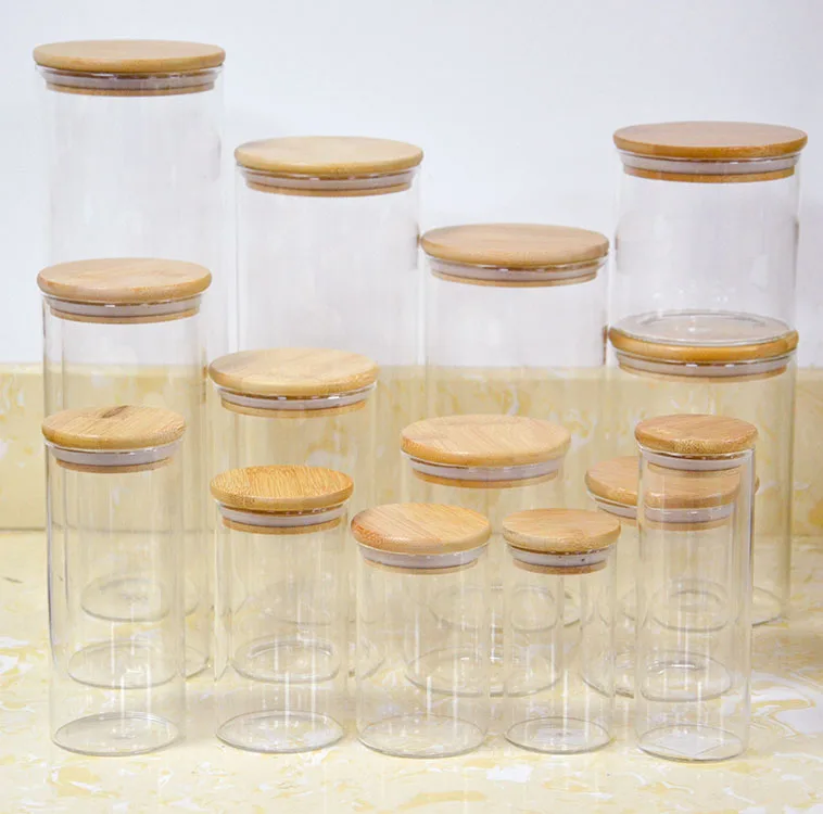 Large Bamboo High Borate Glass Storage Jar Container With Bamboo Lid