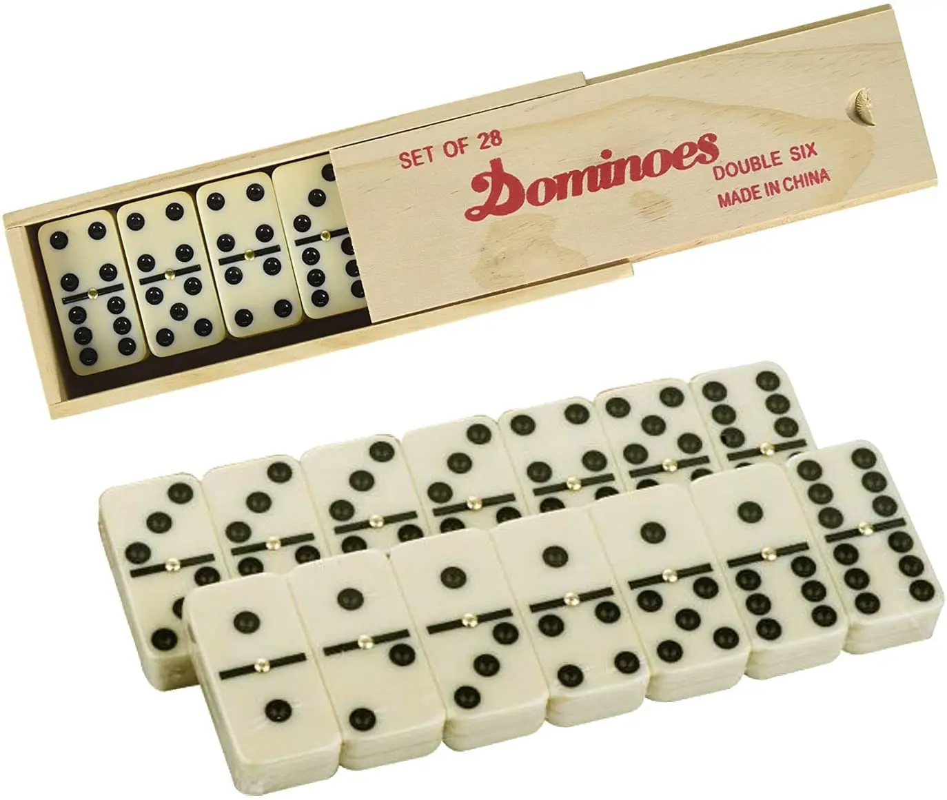 Classical Dominos With Spinner In Wooden Box. 28 Pcs Double 6 Dominos