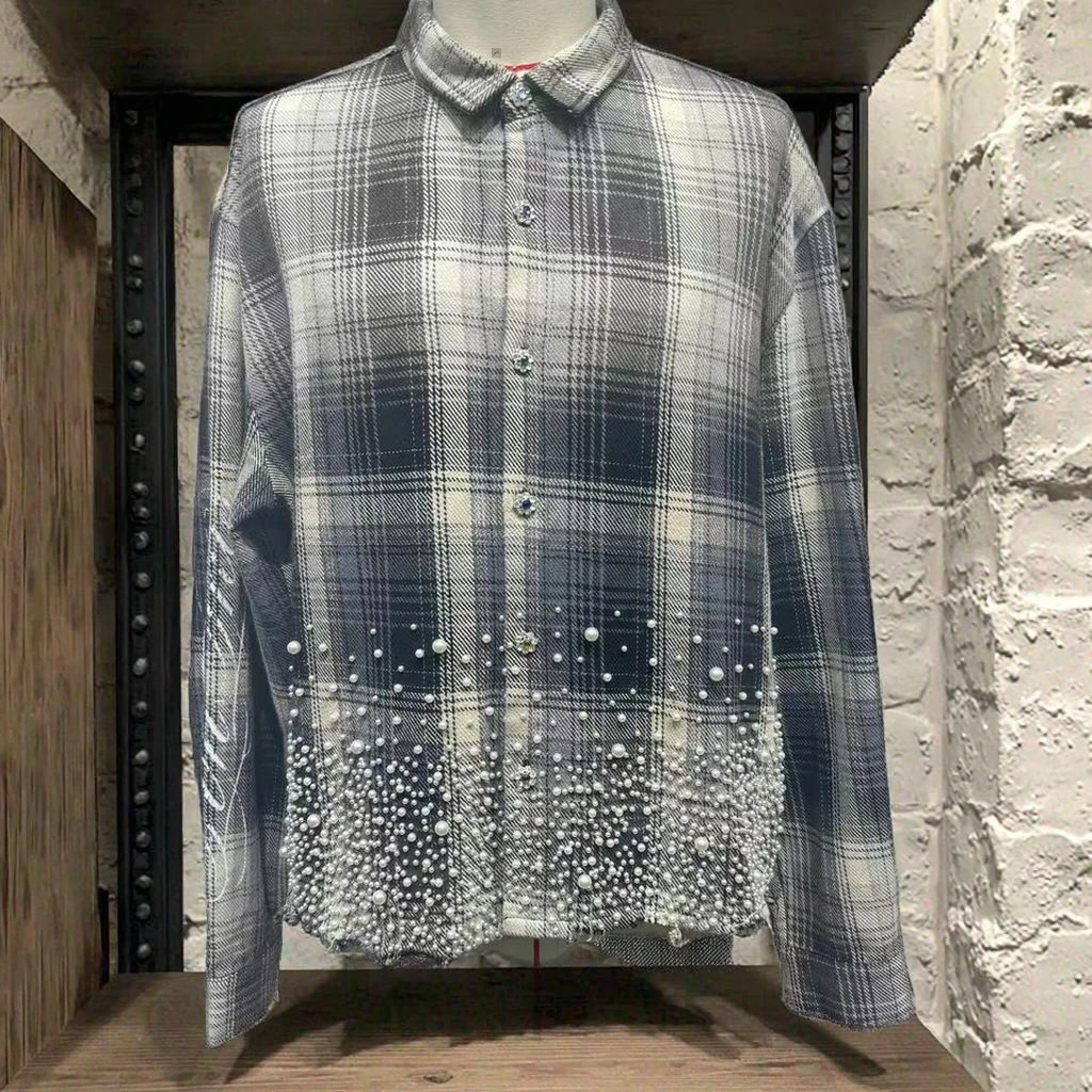 Salati Customized Street-style Flannel Shirt Men's Plaid Check Long Sleeve Flannel Rhinestone Stud Men's Shirts