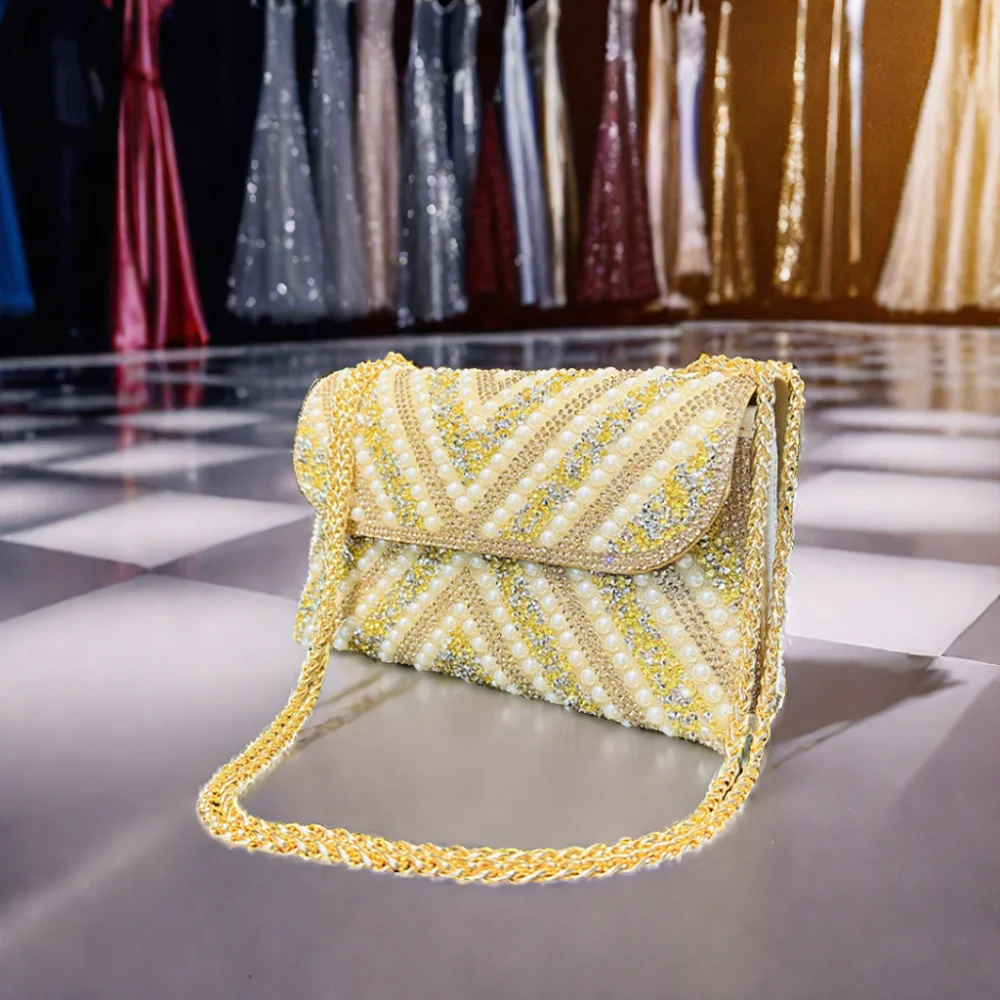 Luxury Ladies High Waist Envelop Pattern Evening Bag Brass Rhinestone Beaded Leather Handbag Pearl Diamond Clutch for Weddings